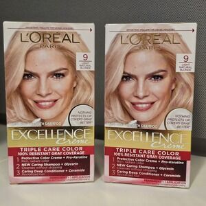 NEW 2 Pk LOREAL PARIS Excellence Creme 9 Light Natural Blonde Triple Care Color